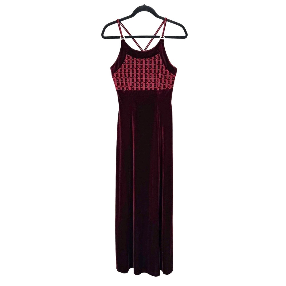 Vtg 90s Papell Boutique Velvet Evening Gown Burgundy Rhinestones Gothic Siren 4
